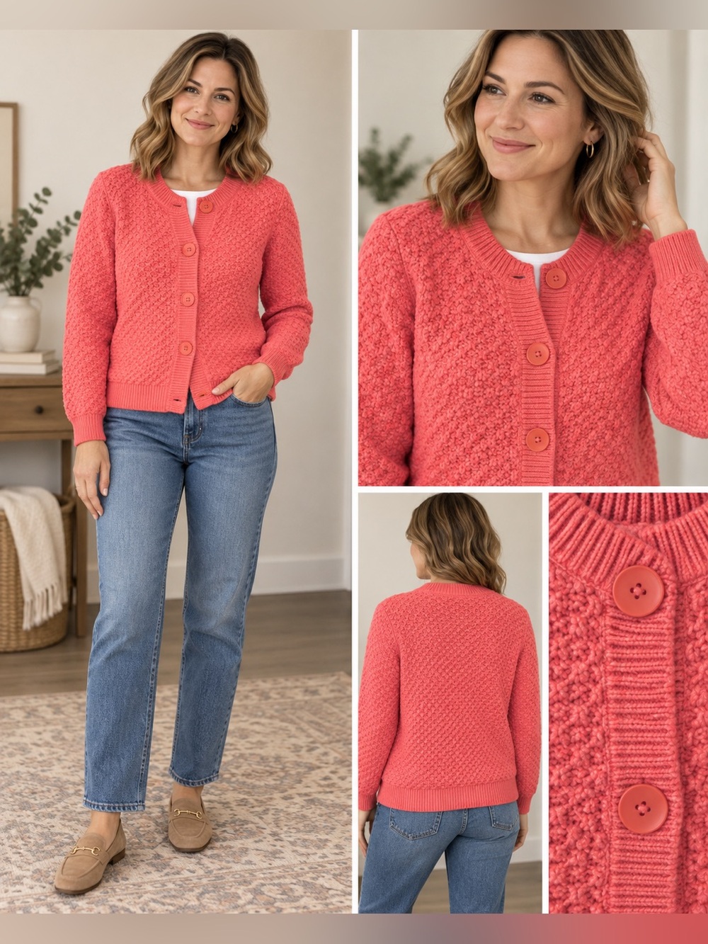 Appleseeds Coral Button-Front Textured Cardigan vintage dead stock nwt large